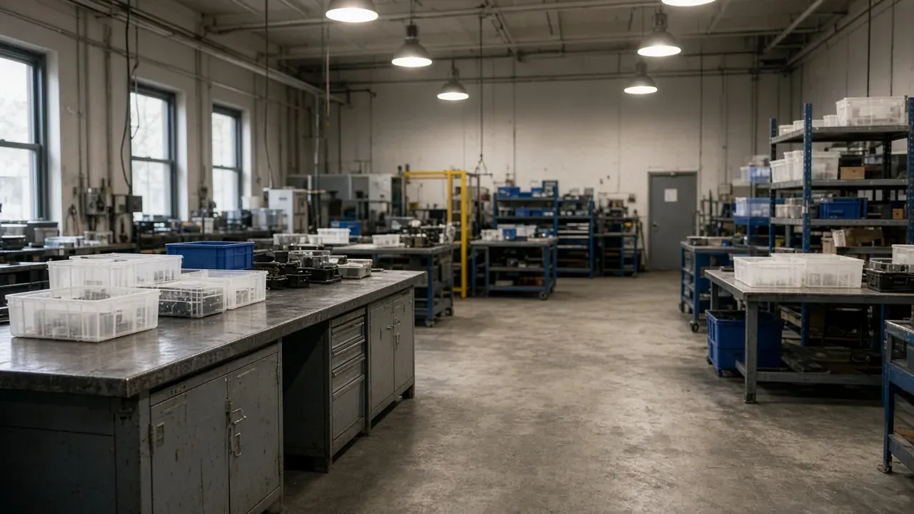 Illustrative photo of a workshop floor with parts bins. Not a specific factory visit.