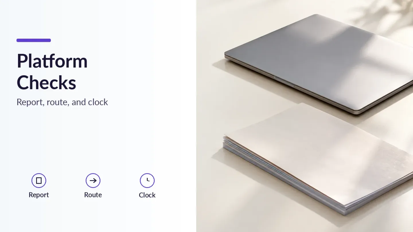 Cover: a closed laptop and a face-down report, titled Platform Checks, with labels for report, route and clock.