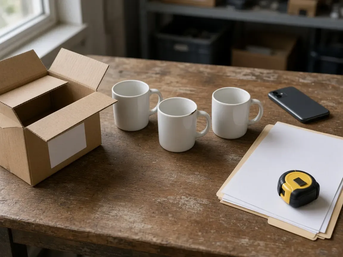Illustrative photo of an opened carton, three plain mugs with one chipped rim, a tape measure, and a folder of blank pages on a wooden table.