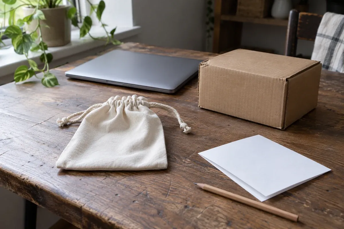 Plain product sample and shipping carton on a wooden desk beside a closed laptop.