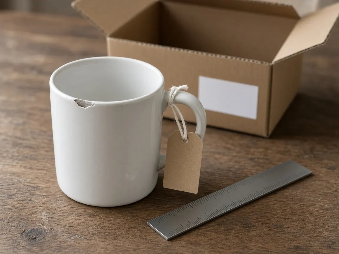 Illustrative close view of a white mug with a chipped rim, a blank tag on the handle, and a ruler, in front of an opened carton.
