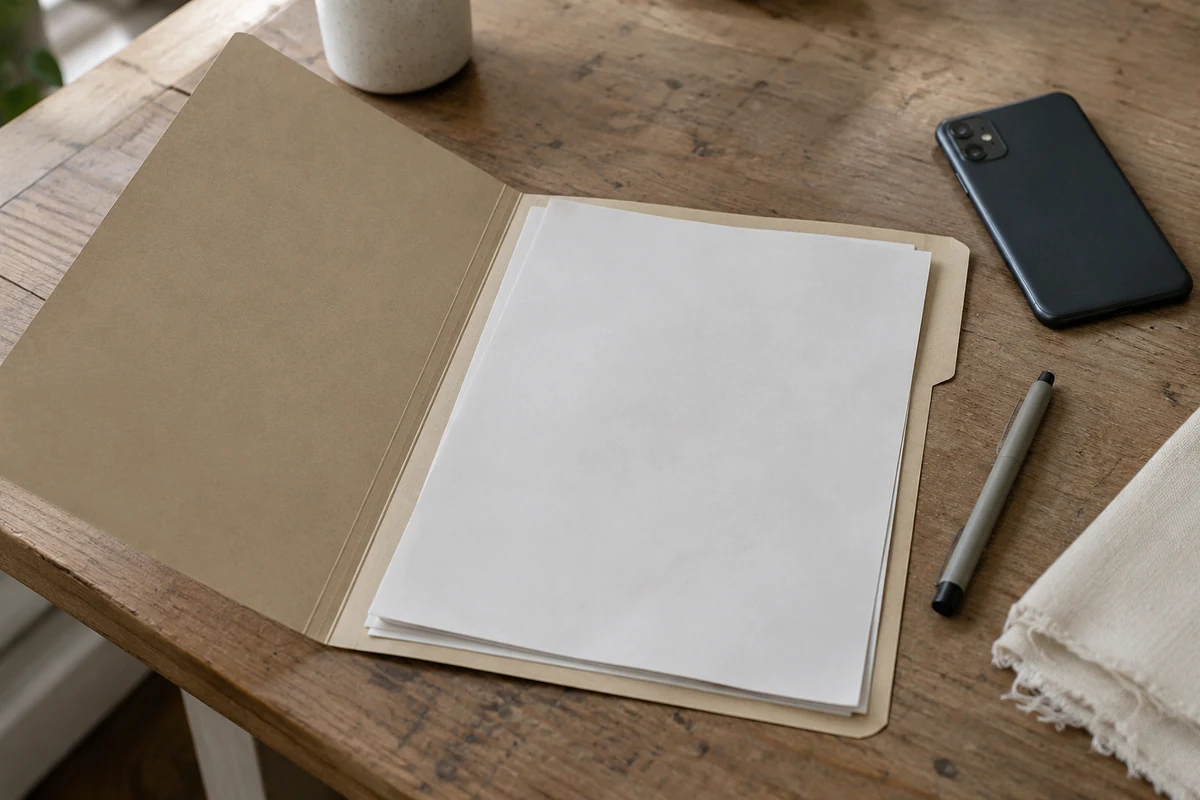 Buying folder, pen, and face-down phone beside a small product sample on a desk.