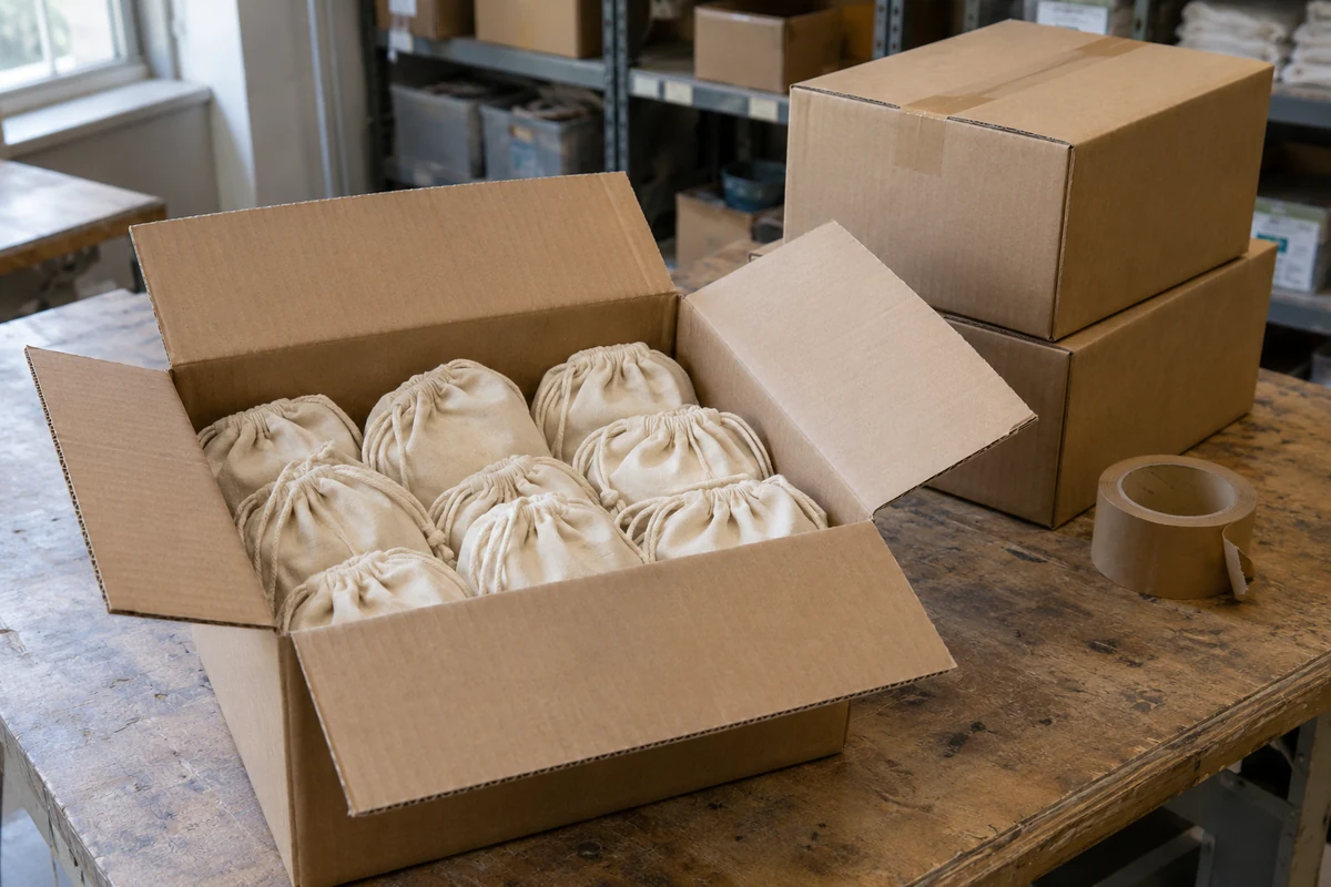 Open carton of fabric pouches on a receiving bench, with closed cartons nearby.