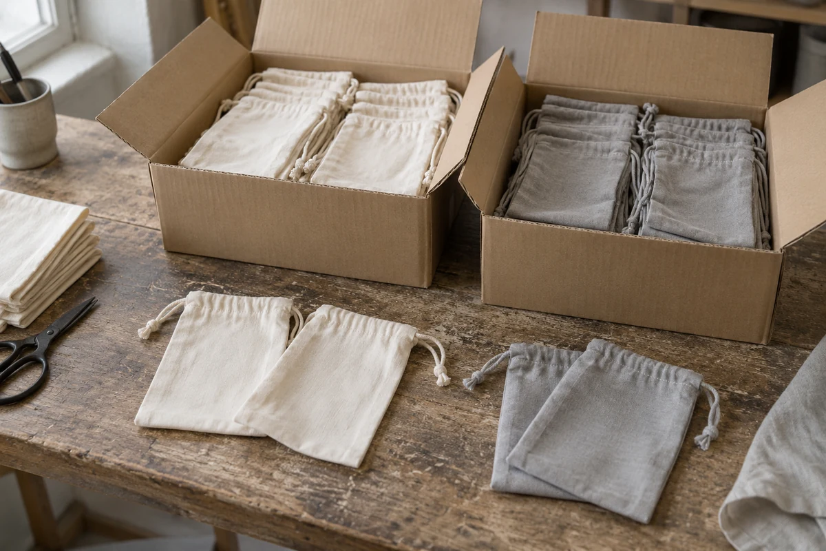 Cream and grey plain fabric pouches laid beside cartons of matching pouches.