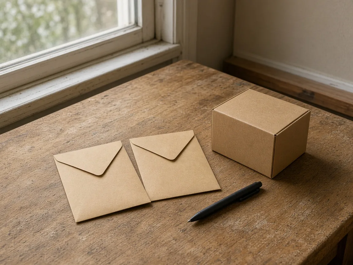 Two blank kraft envelopes and a plain carton on a wooden desk, with a pen.