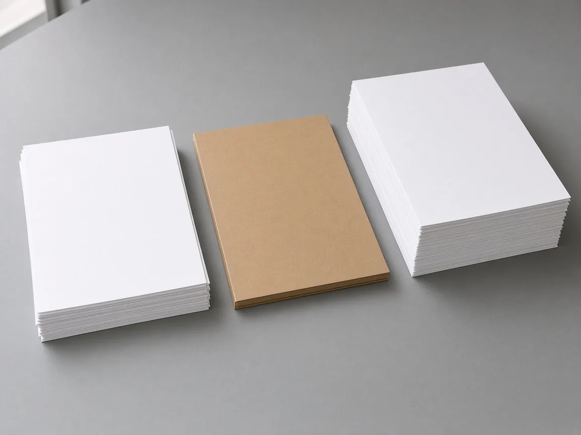A thin stack of blank paper, a brown folder, and a thicker stack of blank paper on a gray desk.