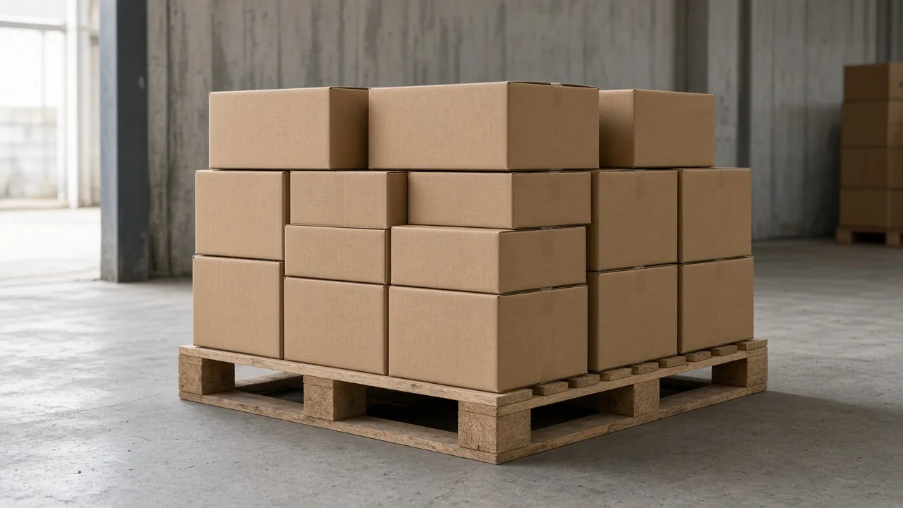 Unmarked brown cartons stacked on a wooden pallet.