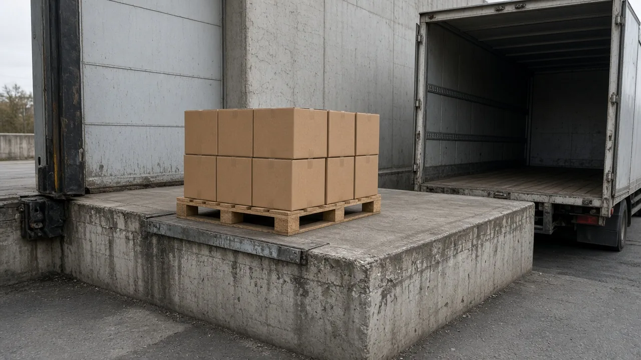 Plain brown cartons on a pallet at a concrete loading dock, beside an open empty truck.