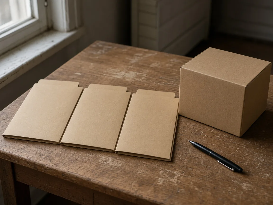 Three blank kraft folders and one plain carton on a wooden desk, with a pen.