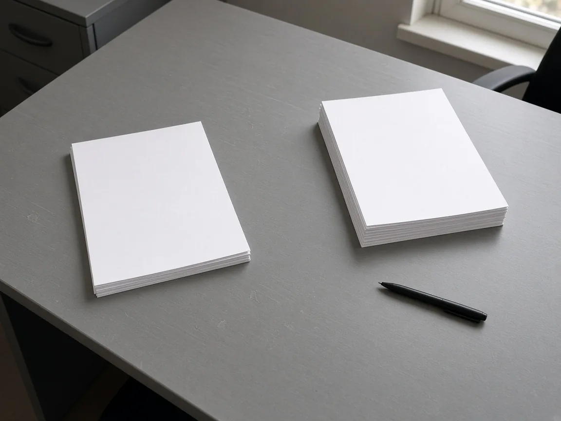 A thin stack of blank paper and a thicker stack of blank paper on a gray desk, with a pen.