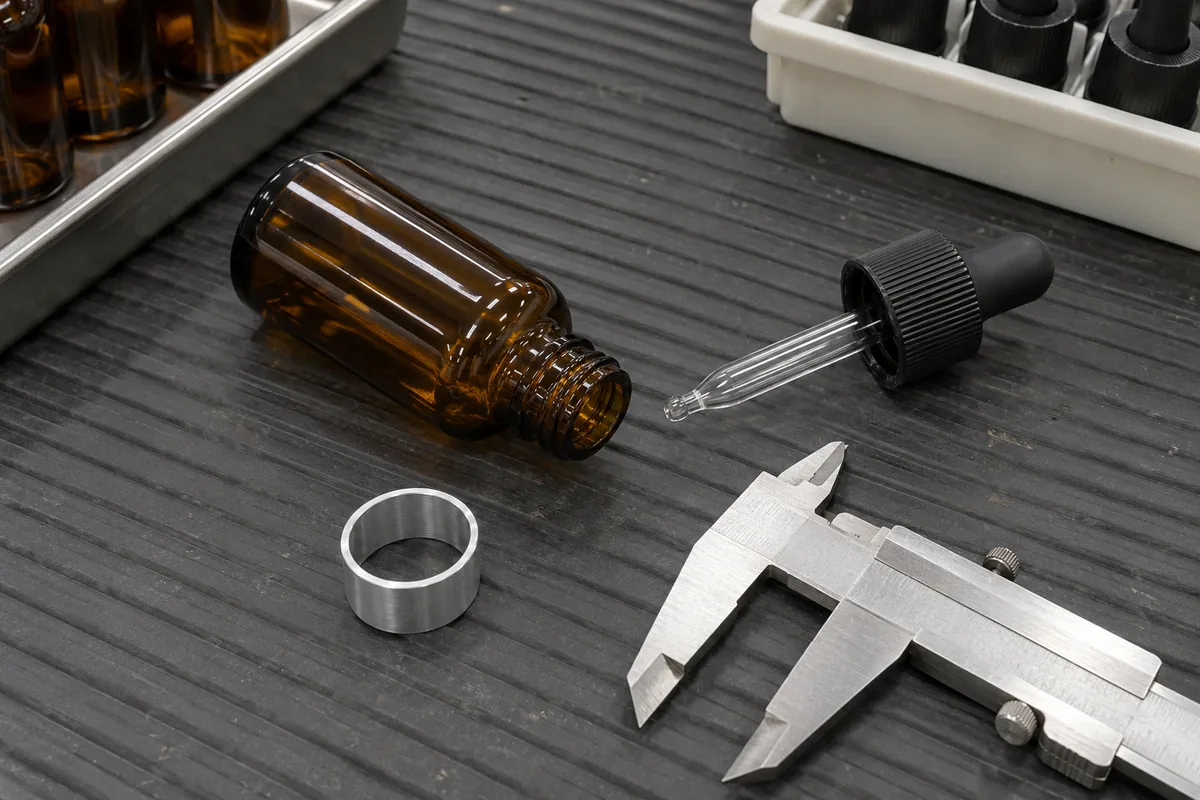Unprinted amber glass serum bottle with unscrewed black dropper cap, stainless-steel vernier gauge, and aluminum collar ring on a dark grey rubber inspection mat.