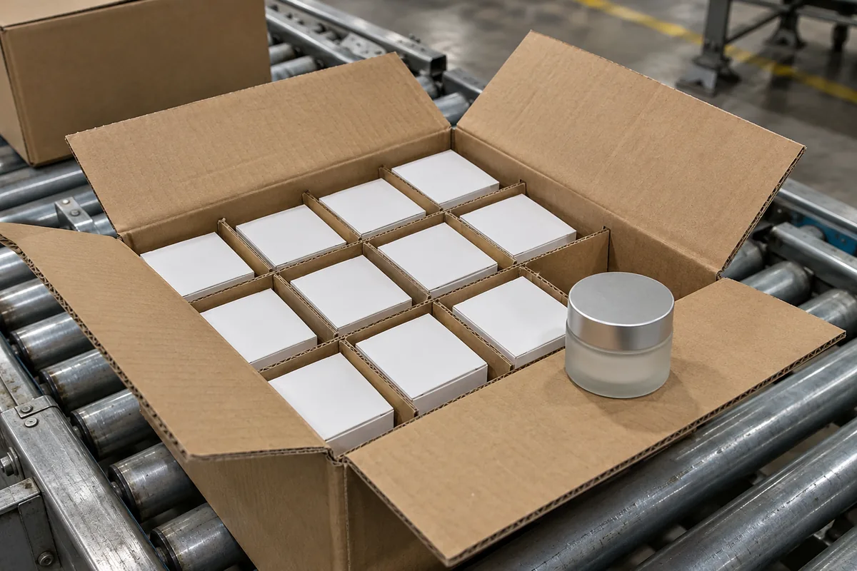 Open double-wall corrugated cardboard export carton on steel conveyor rollers holding unprinted white cosmetic unit boxes in cardboard dividers and a frosted glass jar.