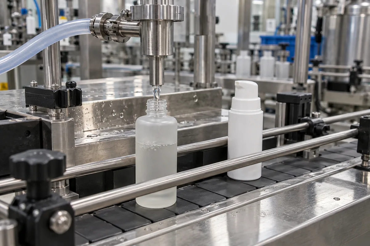 Stainless-steel liquid filling nozzle above unprinted frosted glass and matte-white cosmetic bottles on a factory conveyor track.
