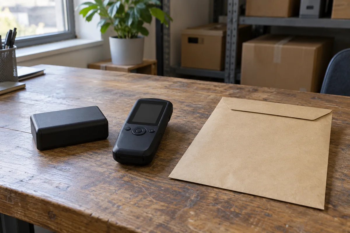Black battery pack, handheld electronic device, and blank kraft envelope on a wooden desk.