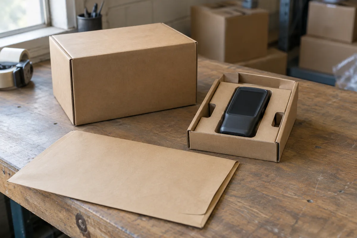 Handheld device in an open cardboard tray beside a plain carton and blank kraft envelope.