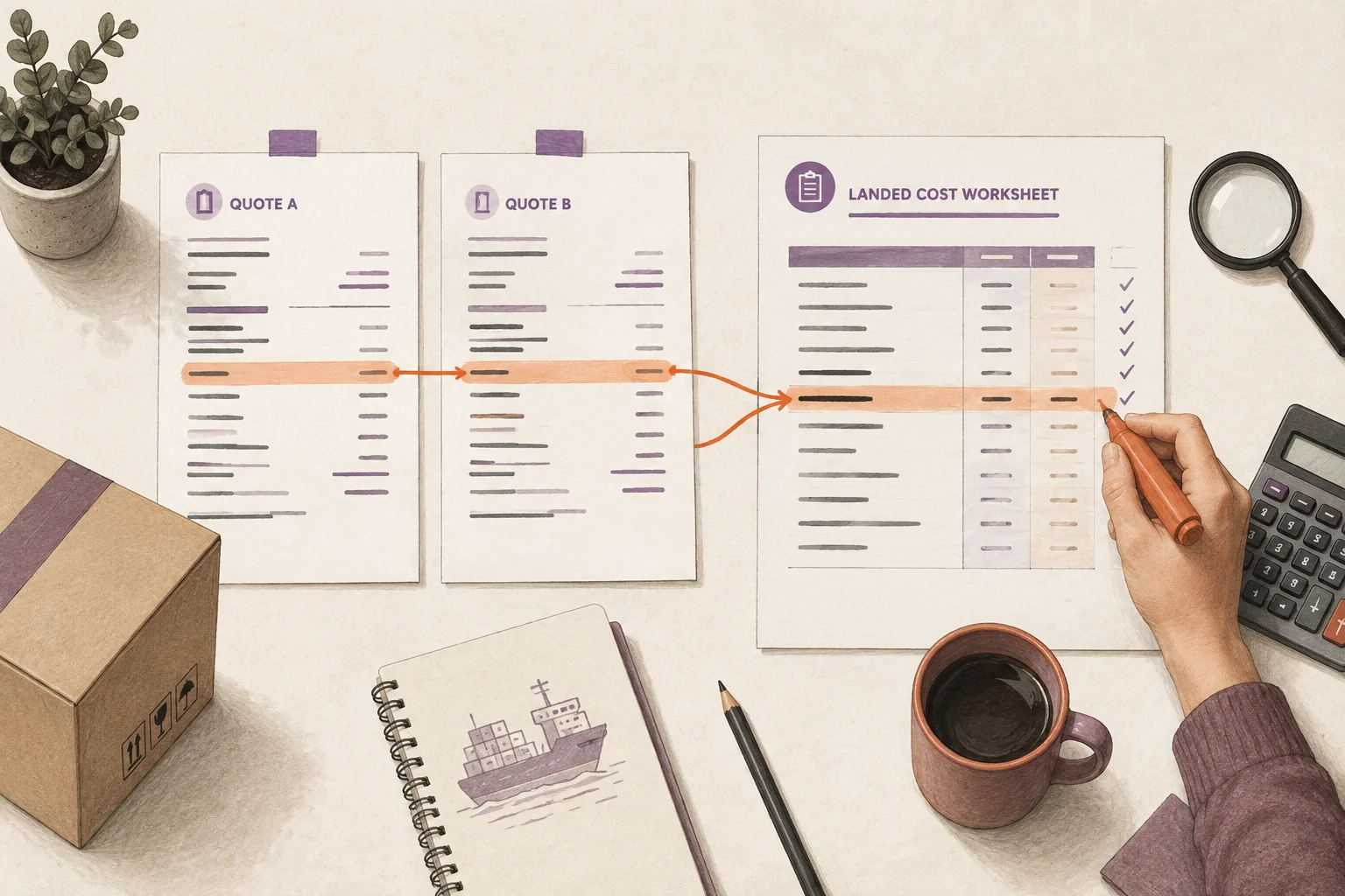 Two quotations checked against one consolidated cost worksheet to avoid counting the same service twice.