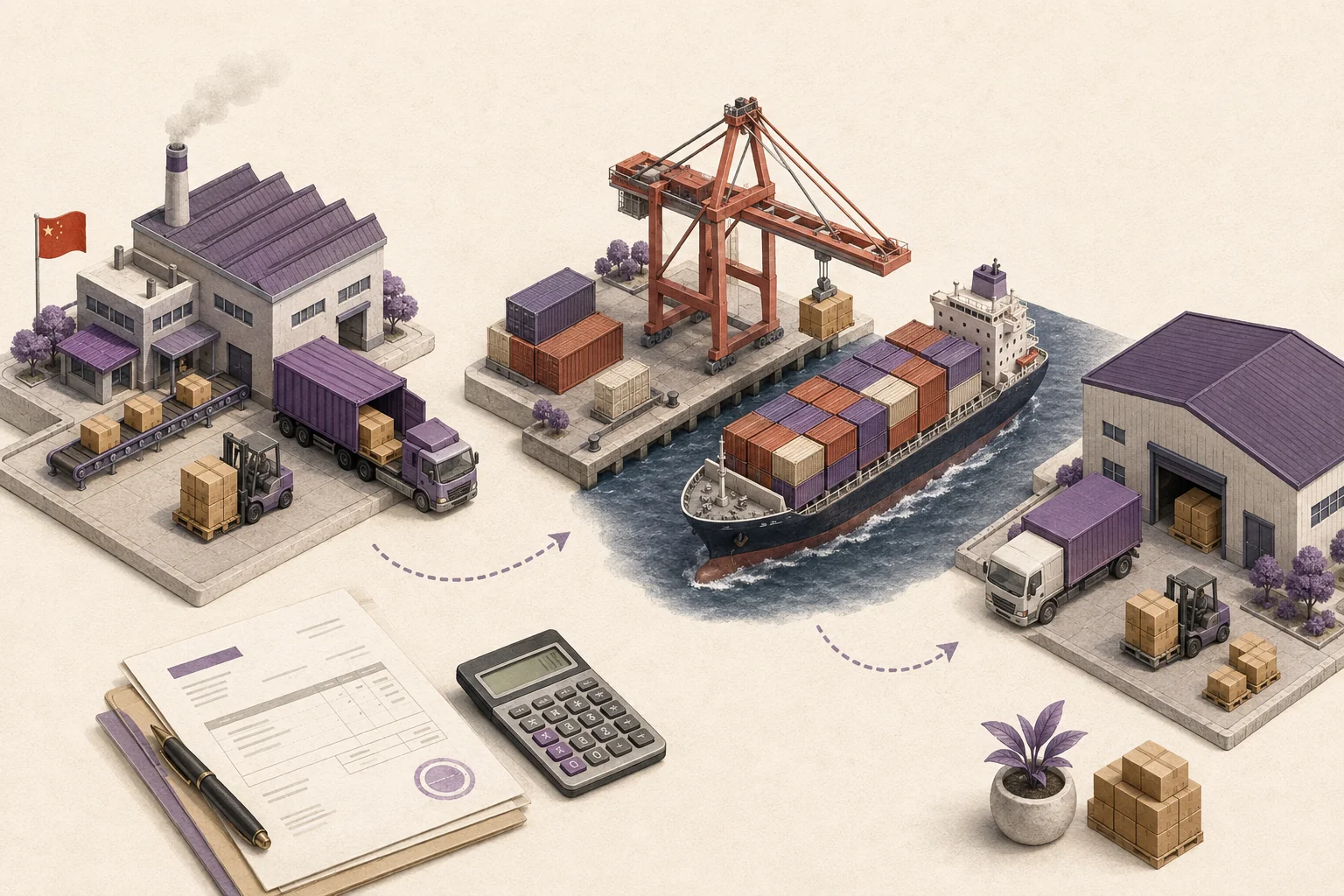 Illustrated import route connecting a supplier factory, container shipping, and the buyer's warehouse.