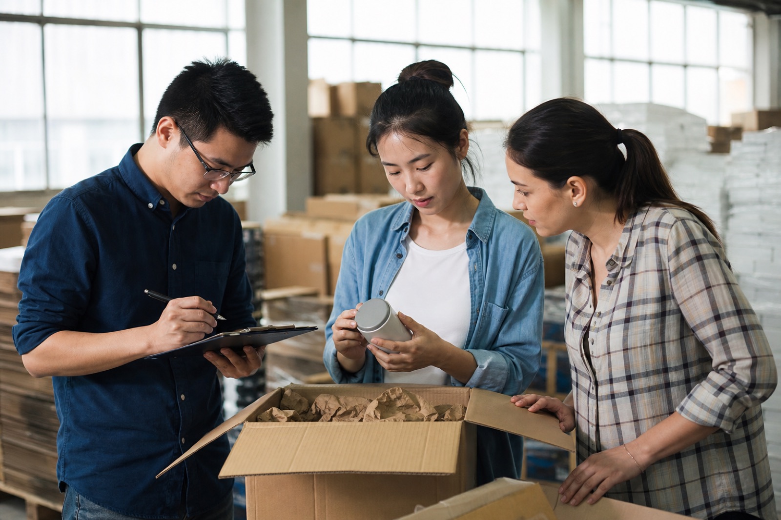 Sourcing staff checking an open carton before a China export shipment